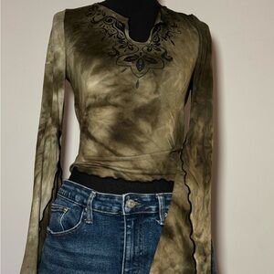 SOLD - Olive Tie-Dye Long Sleeve Mesh Top with Floral Neck Detail